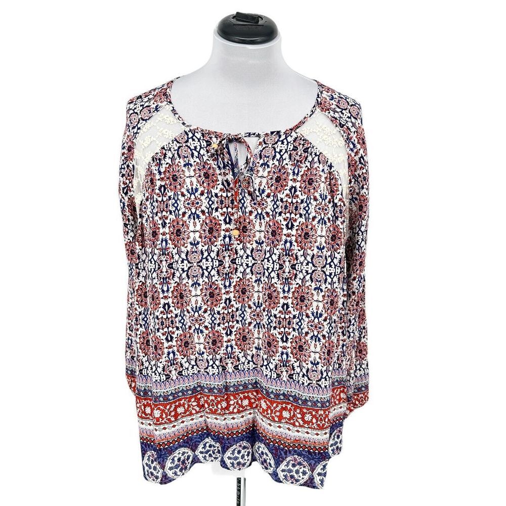 Umgee Women's SZ‎ L Cotton Blend Blue Red Boho Print Lace Trim Peasant Blouse
